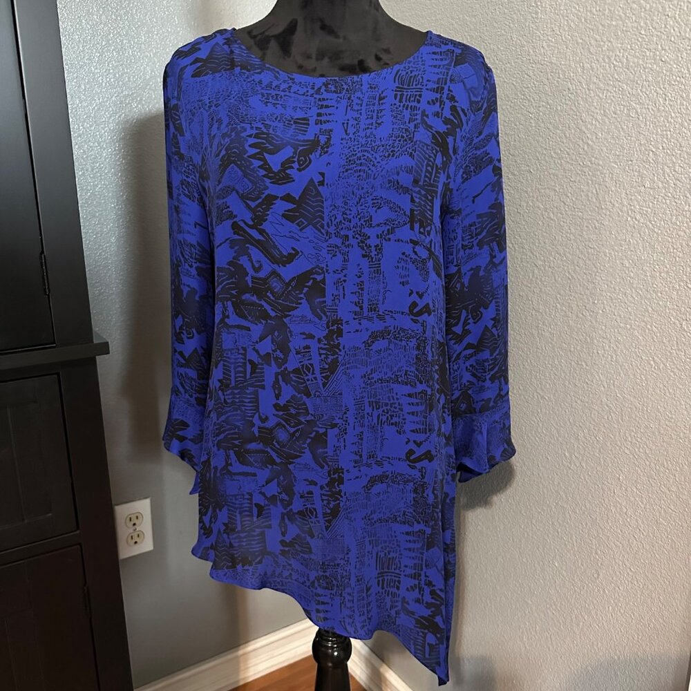 Chico’s Silk‎ Blouse Women’s Size 0 Blue Black Abstract Long Sleeve Top Small